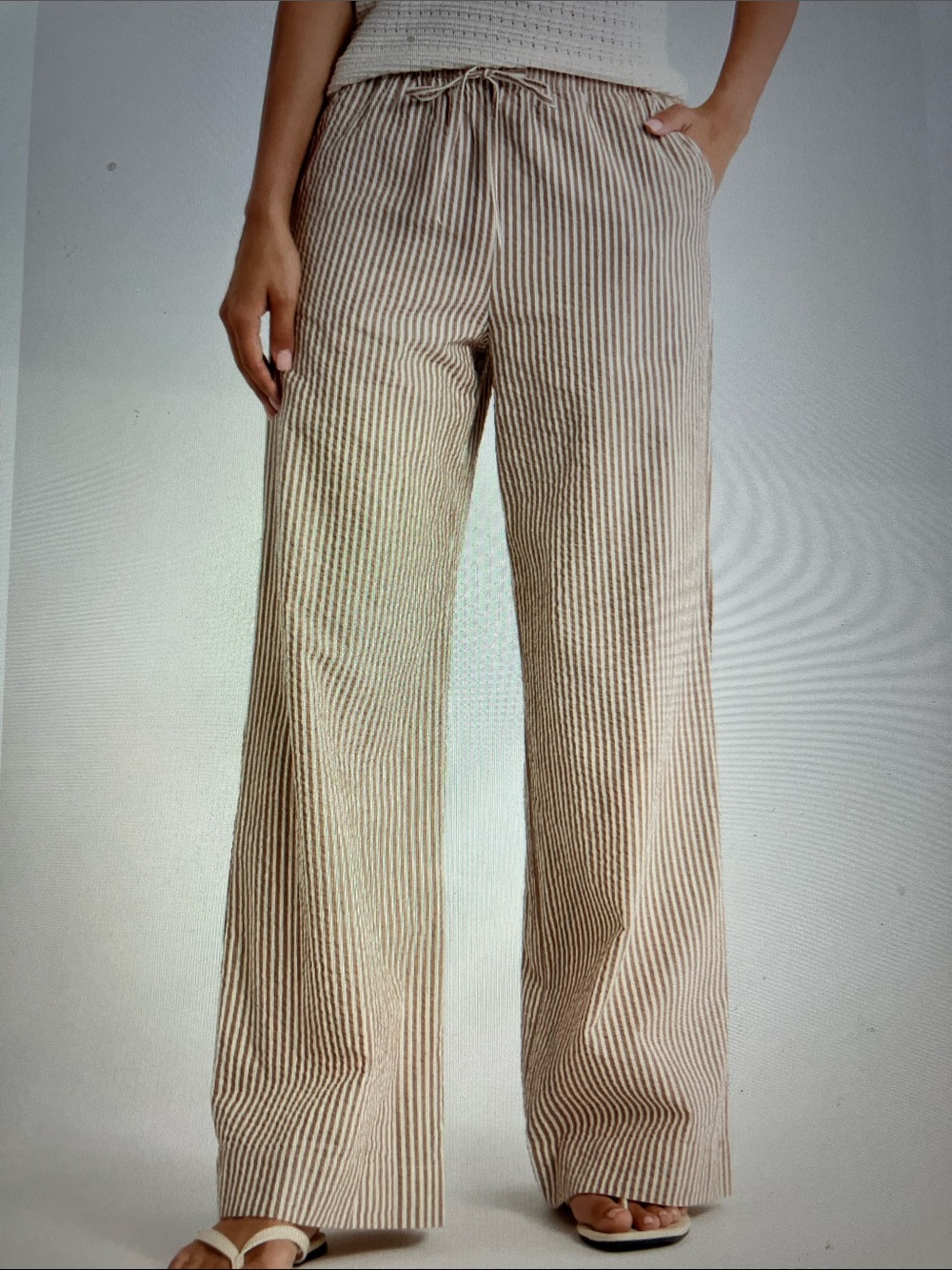 Sienna sky Wide-Leg Drawstring Linen Pants - Beige Stripe